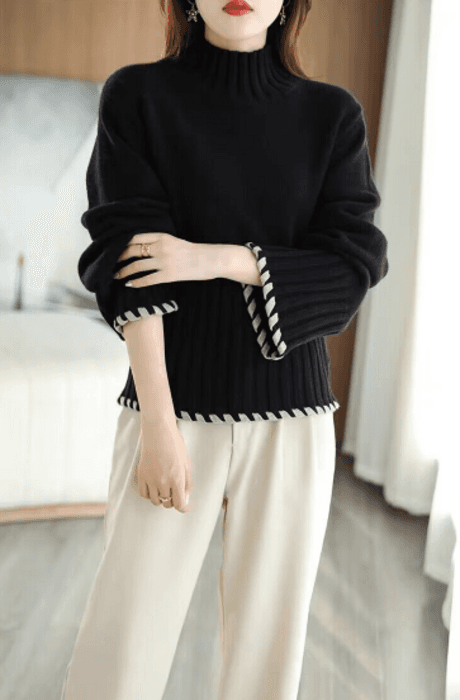 骨格ストレートモダンブラックニットトップス