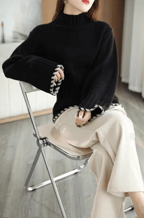 骨格ストレートモダンブラックニットトップス