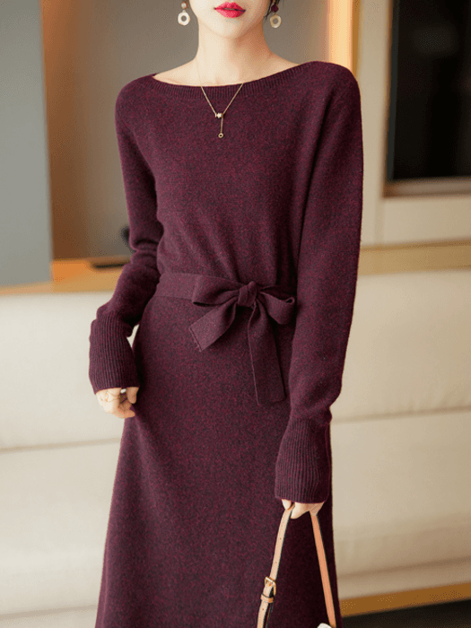 骨格ストレートボートネックウエストリボンIラインワンピース