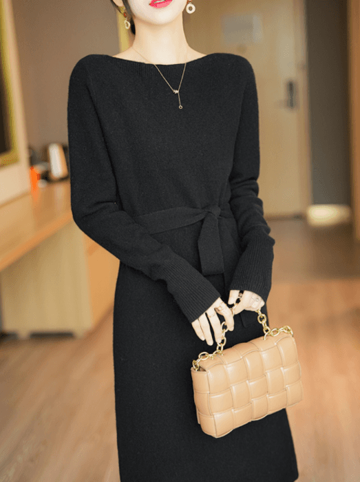 骨格ストレートボートネックウエストリボンIラインワンピース