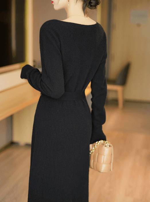 骨格ストレートボートネックウエストリボンIラインワンピース