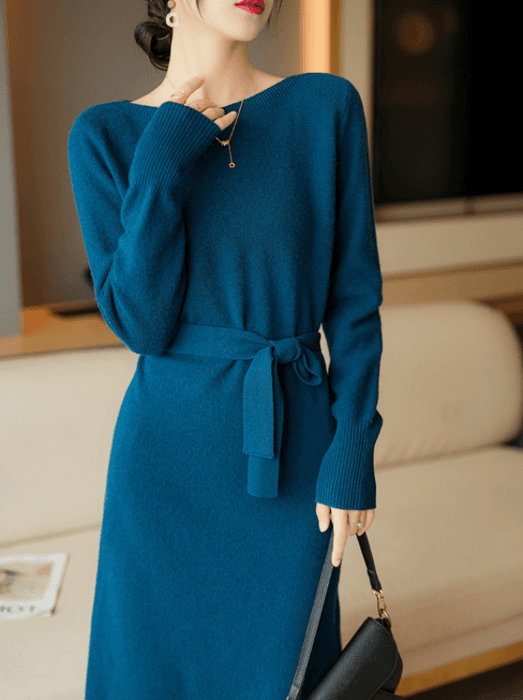 骨格ストレートボートネックウエストリボンIラインワンピース