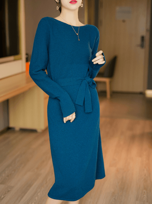 骨格ストレートボートネックウエストリボンIラインワンピース