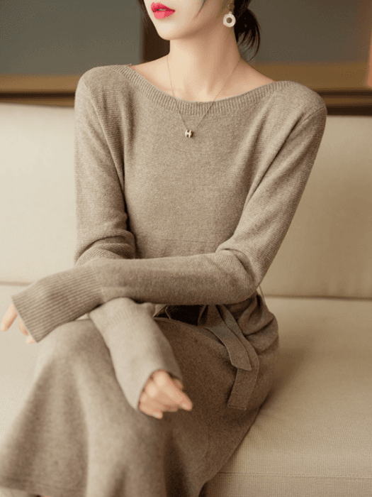 骨格ストレートボートネックウエストリボンIラインワンピース