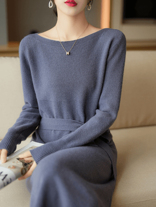 骨格ストレートボートネックウエストリボンIラインワンピース