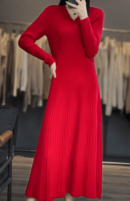 骨格ストレートVネックニットロングワンピース