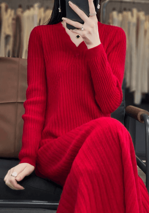 骨格ストレートVネックニットロングワンピース