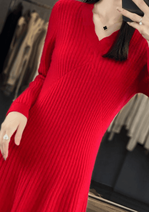 骨格ストレートVネックニットロングワンピース