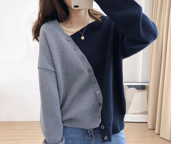 骨格ストレートアシンメトリカラーブロックニットトップス