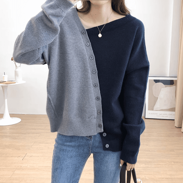 骨格ストレートアシンメトリカラーブロックニットトップス