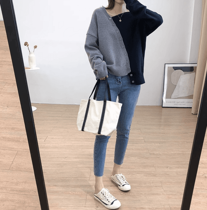 骨格ストレートアシンメトリカラーブロックニットトップス