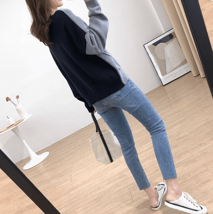 骨格ストレートアシンメトリカラーブロックニットトップス