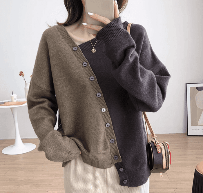 骨格ストレートアシンメトリカラーブロックニットトップス