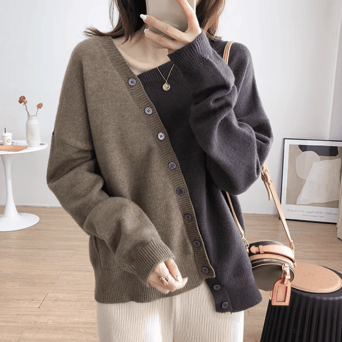 骨格ストレートアシンメトリカラーブロックニットトップス