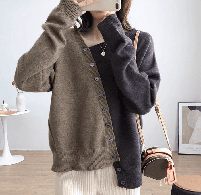 骨格ストレートアシンメトリカラーブロックニットトップス