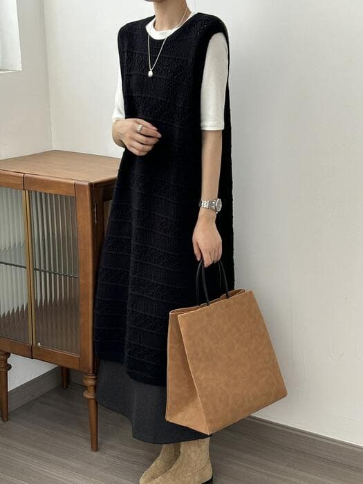 骨格ストレート透かしニットロングベスト