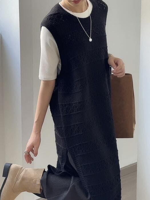 骨格ストレート透かしニットロングベスト