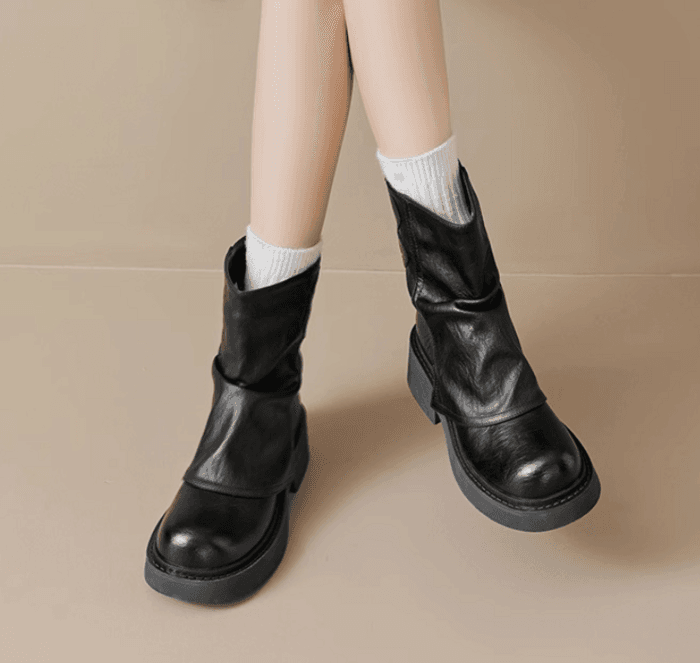 骨格ストレートバックベルト厚底ショートブーツ