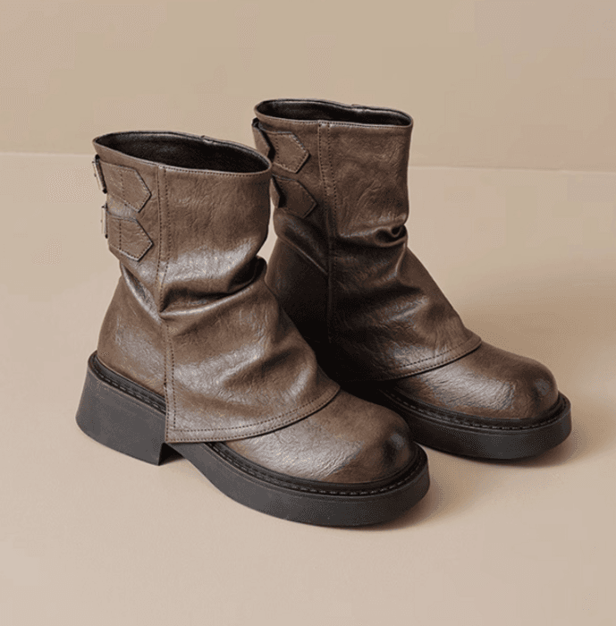 骨格ストレートバックベルト厚底ショートブーツ