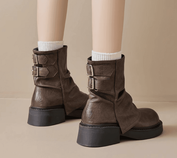 骨格ストレートバックベルト厚底ショートブーツ