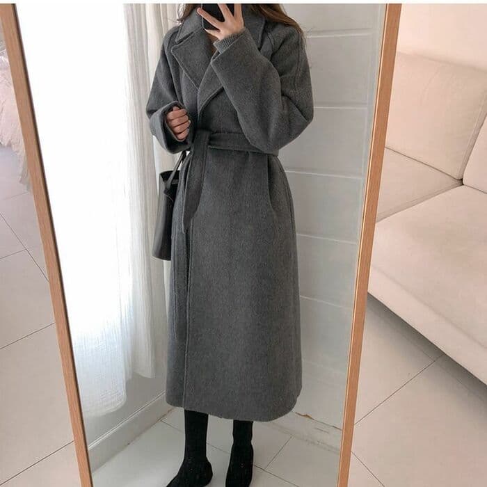 骨格ストレートウエストベルト付きシンプルロングコート