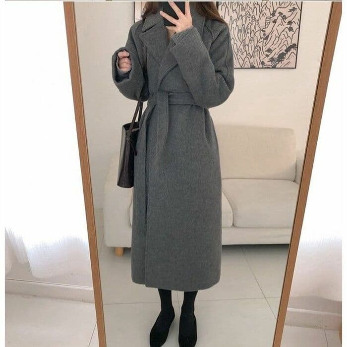 骨格ストレートウエストベルト付きシンプルロングコート