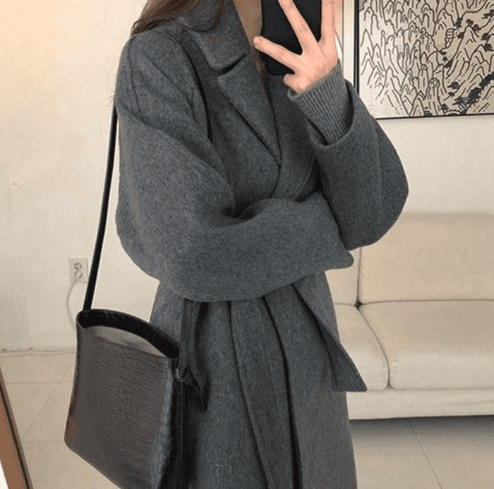 骨格ストレートウエストベルト付きシンプルロングコート