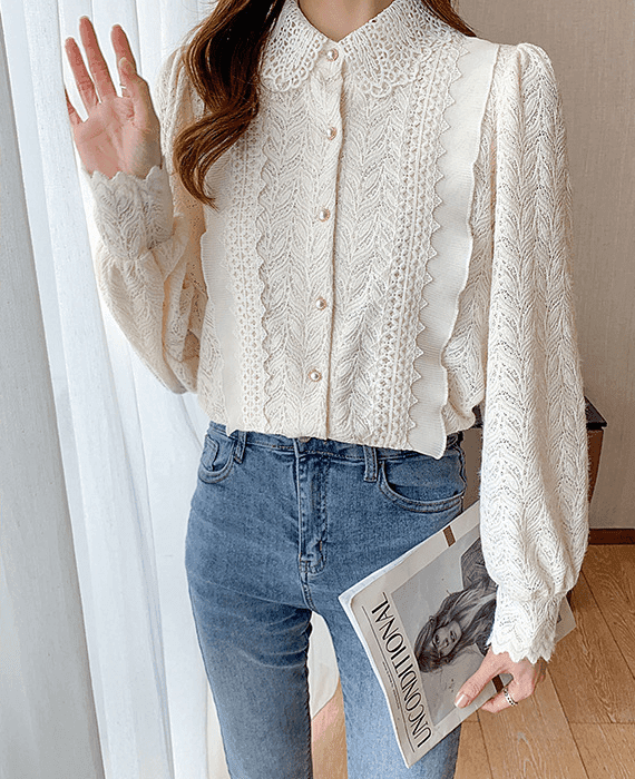 骨格ストレートセットインスリーブレースブラウストップス