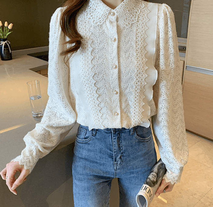 骨格ストレートセットインスリーブレースブラウストップス
