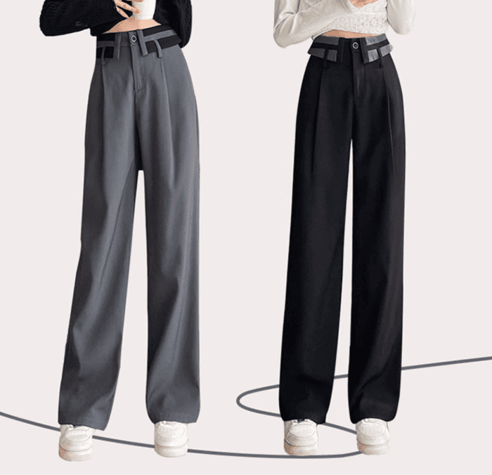 骨格ストレート折り返しウエストデザインワイドパンツ