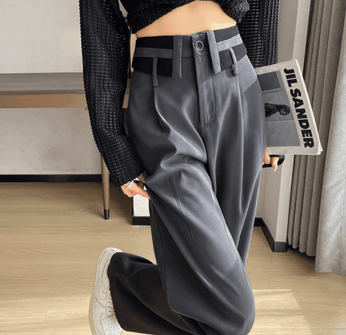 骨格ストレート折り返しウエストデザインワイドパンツ