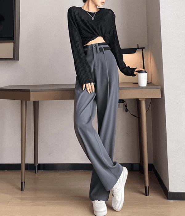 骨格ストレート折り返しウエストデザインワイドパンツ