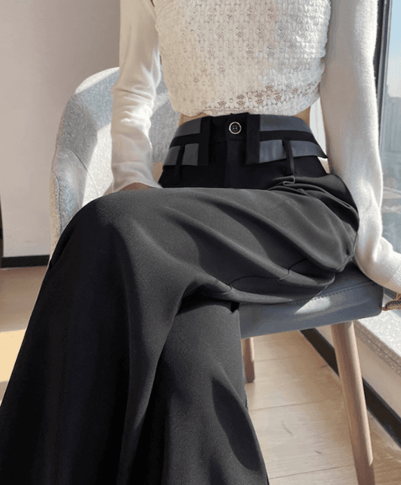 骨格ストレート折り返しウエストデザインワイドパンツ