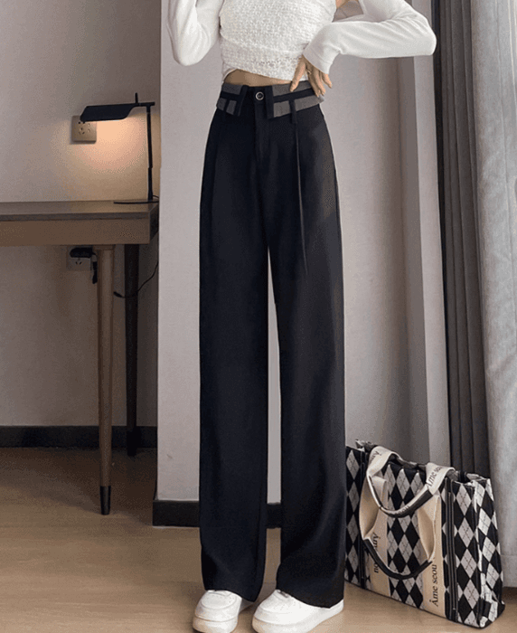 骨格ストレート折り返しウエストデザインワイドパンツ