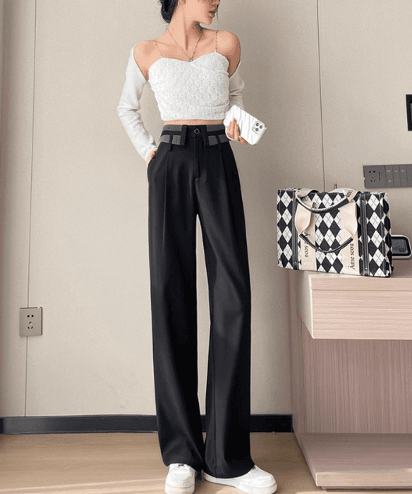 骨格ストレート折り返しウエストデザインワイドパンツ