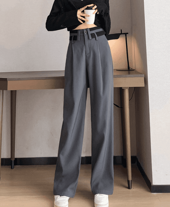 骨格ストレート折り返しウエストデザインワイドパンツ