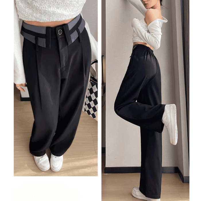 骨格ストレート折り返しウエストデザインワイドパンツ