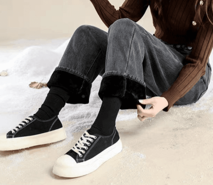 骨格ストレートワイドレッグデニムパンツ【ノーマル】【裏起毛】