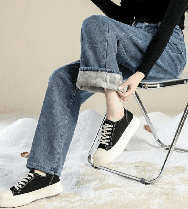 骨格ストレートワイドレッグデニムパンツ【ノーマル】【裏起毛】
