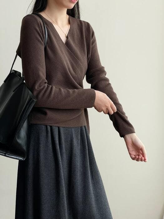 骨格ストレートカシュクールサイドリボンニットトップス