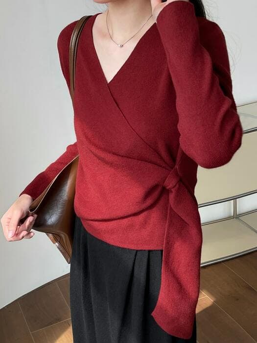 骨格ストレートカシュクールサイドリボンニットトップス