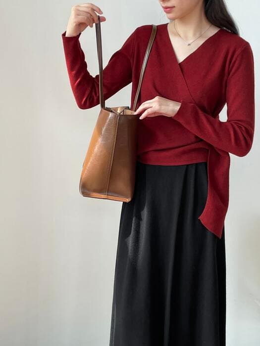 骨格ストレートカシュクールサイドリボンニットトップス