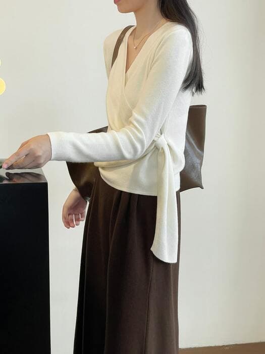 骨格ストレートカシュクールサイドリボンニットトップス