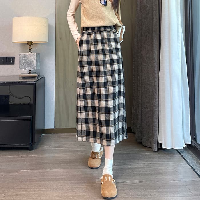 骨格ストレートバックススリットチェックIラインスカート