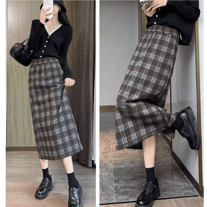 骨格ストレートバックススリットチェックIラインスカート
