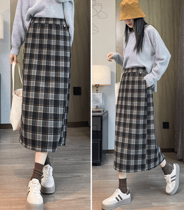 骨格ストレートバックススリットチェックIラインスカート
