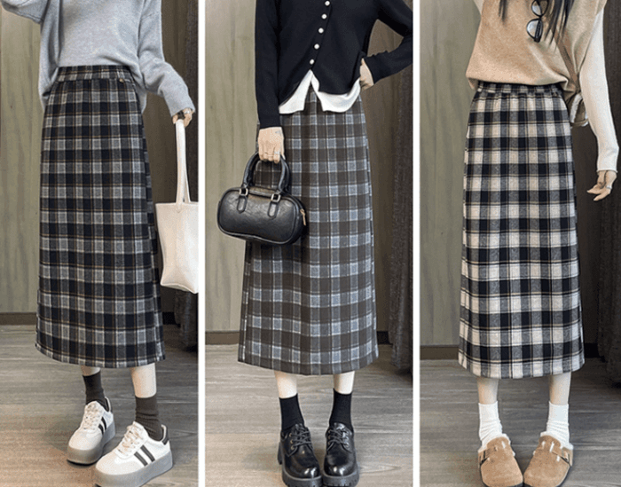 骨格ストレートバックススリットチェックIラインスカート