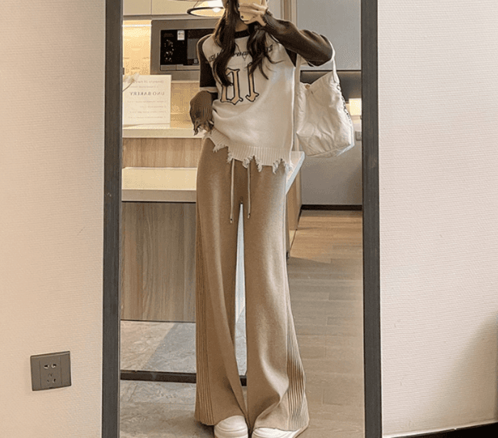 骨格ストレートサイドプリーツニットワイドパンツ