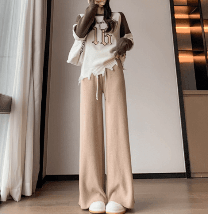 骨格ストレートサイドプリーツニットワイドパンツ