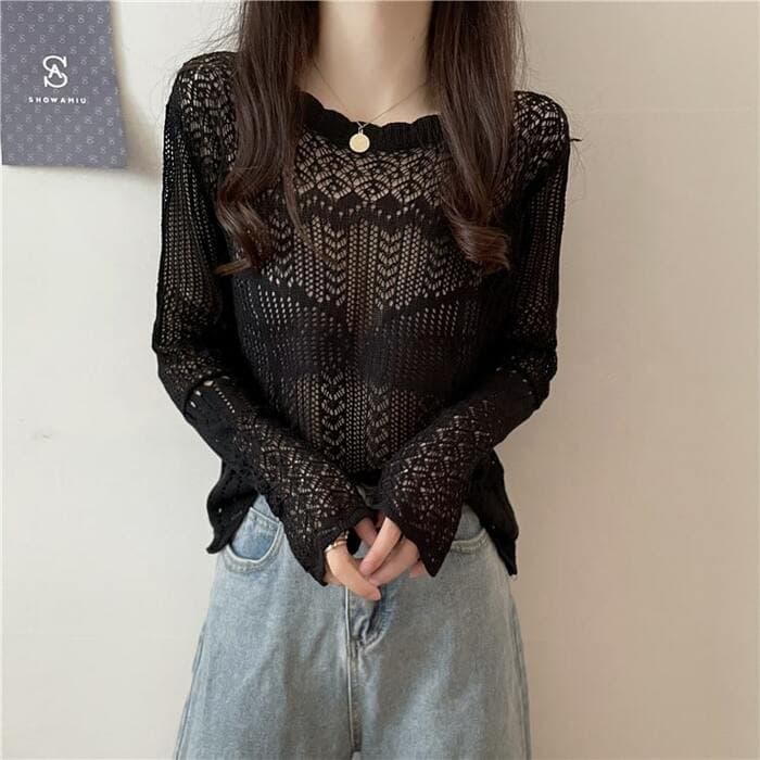 骨格ストレートかぎ編みニットトップス